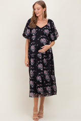 Black Floral Striped Puff Sleeve Maternity Midi Dress