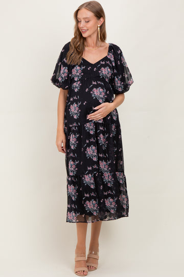 Black Floral Striped Puff Sleeve Maternity Midi Dress