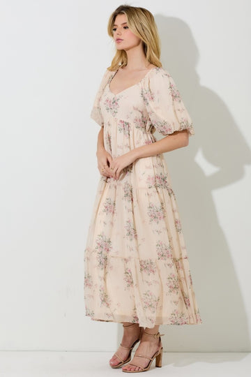 Cream Floral Striped Puff Sleeve Midi Dress