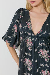 Black Floral Striped V-Neck Cutout Mini Dress