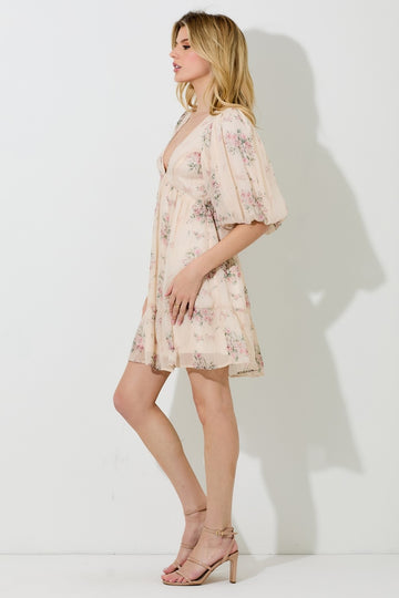 Cream Floral Striped V-Neck Cutout Mini Dress