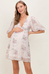 Cream Floral Striped V-Neck Cutout Maternity Mini Dress