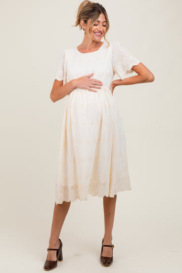 Cream Eyelet Lace Scallop Hem Maternity Midi Dress