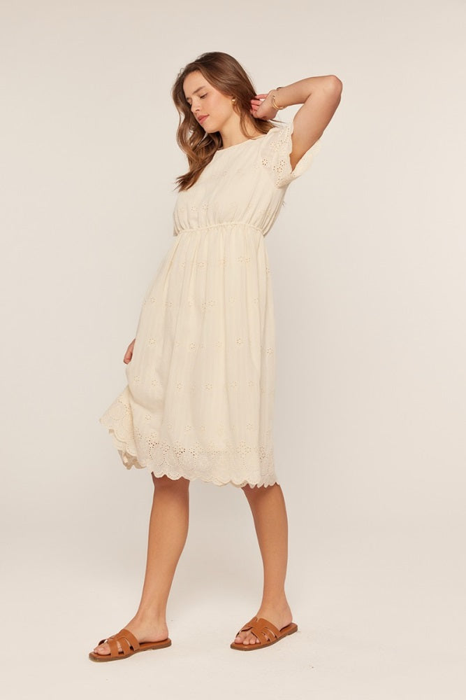 Cream Eyelet Lace Scallop Hem Midi Dress