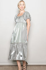 Light Olive Organza Puff Sleeve Midi Dress