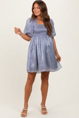 Silver Organza Smocked Puff Sleeve Maternity Mini Dress