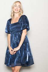 Navy Organza Smocked Puff Sleeve Mini Dress