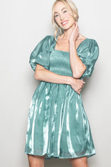 Light Teal Organza Smocked Puff Sleeve Mini Dress
