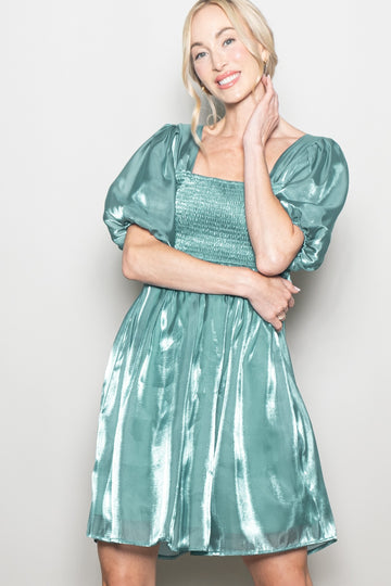Light Teal Organza Smocked Puff Sleeve Mini Dress