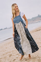 Blue Floral Colorblock Print Denim Contrast Maternity Dress