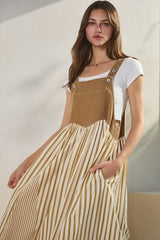 Camel Striped Colorblock Denim Contrast Maxi Dress
