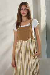 Camel Striped Colorblock Denim Contrast Maxi Dress