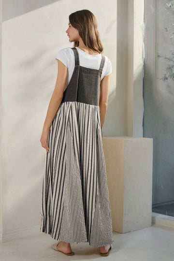 Charcoal Striped Colorblock Denim Contrast Maxi Dress