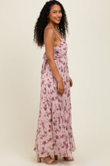 Light Pink Floral Pleated Chiffon Cutout Tie Back Maxi Dress