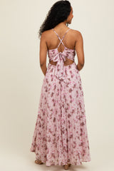 Light Pink Floral Pleated Chiffon Cutout Tie Back Maxi Dress