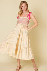 Cream Smocked Contrast Shoulder Tie Midi Dress