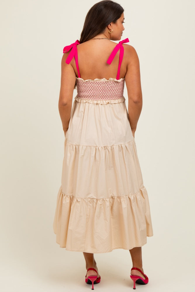 Cream Smocked Contrast Shoulder Tie Maternity Midi Dress