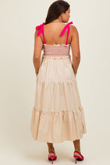 Cream Smocked Contrast Shoulder Tie Maternity Midi Dress