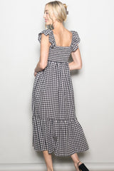 Black Gingham Ruffle Strap Midi Dress