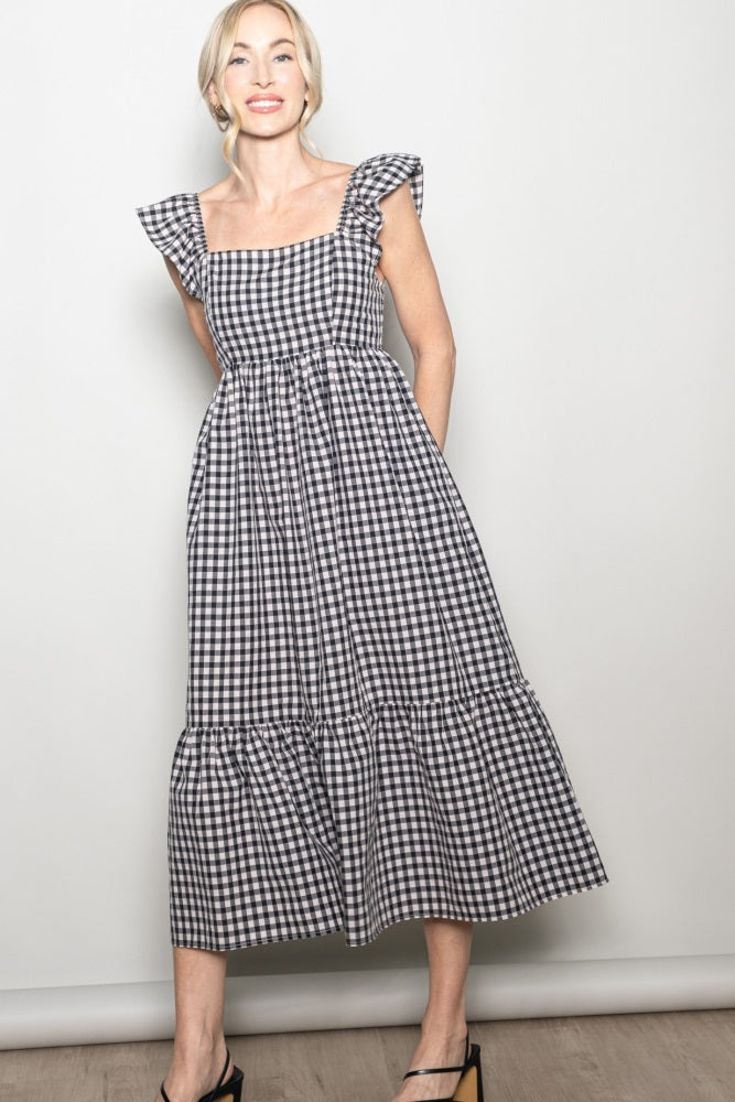 Black Gingham Ruffle Strap Midi Dress