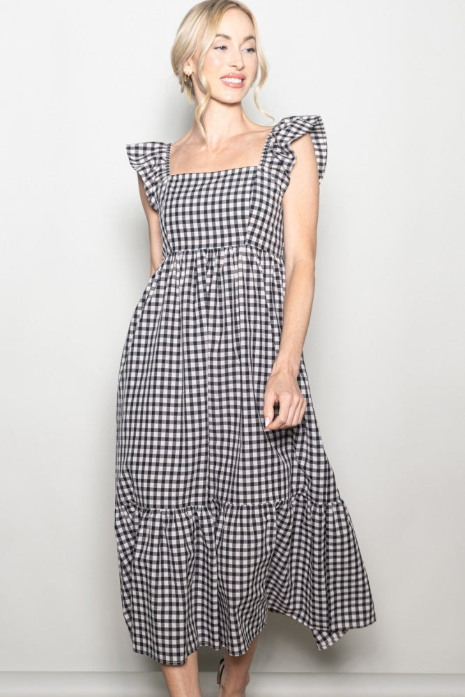 Black Gingham Ruffle Strap Midi Dress