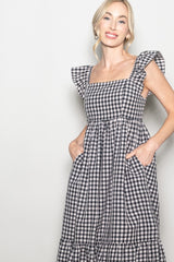 Black Gingham Ruffle Strap Midi Dress