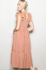 Rust Gingham Ruffle Strap Midi Dress