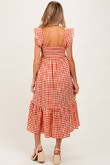 Rust Gingham Ruffle Strap Maternity Midi Dress