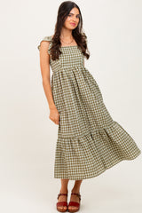 Olive Gingham Ruffle Strap Midi Dress