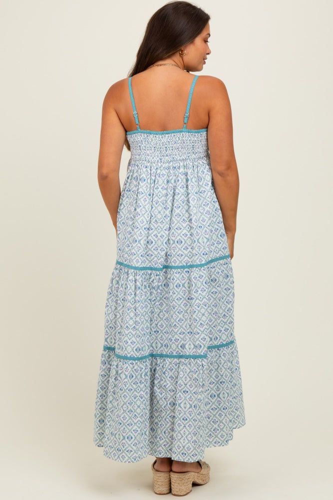 Blue Cotton Floral Maternity Maxi Dress