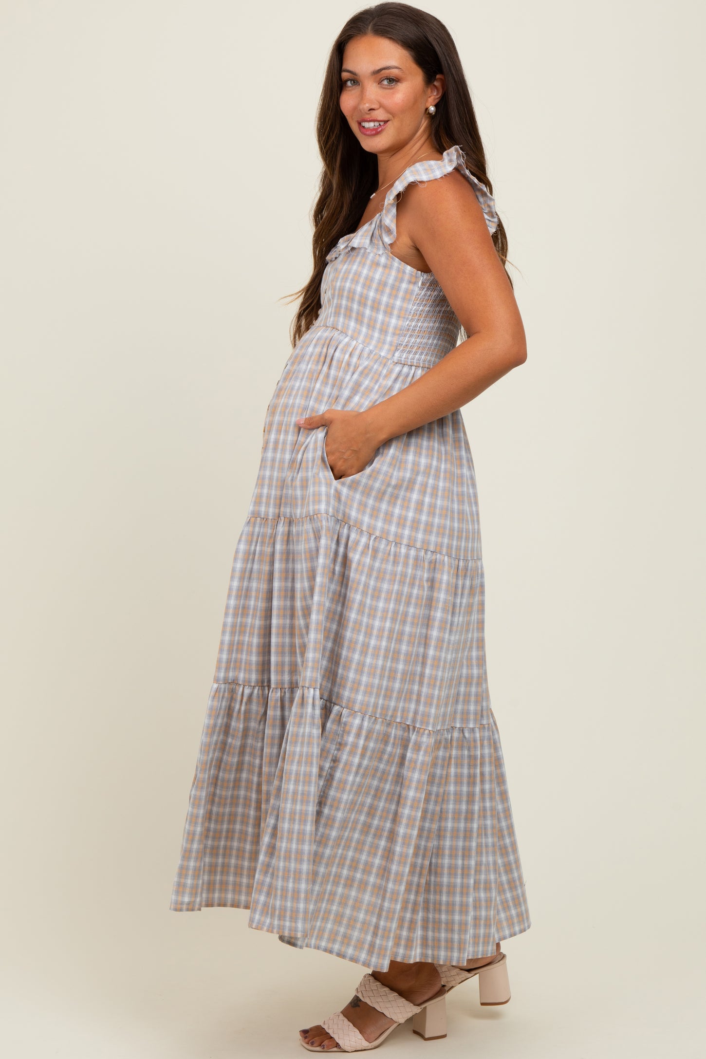 Light Blue Cotton Plaid Maternity Maxi Dress