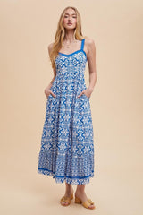 Blue Sleeveless Border Print Maxi Dress