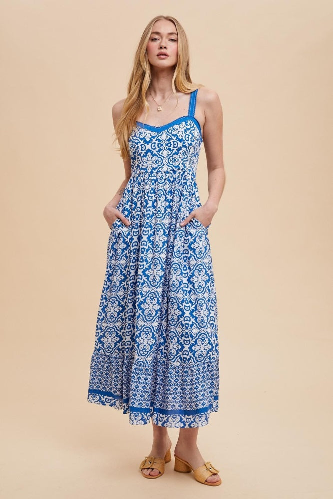 Blue Sleeveless Border Print Maternity Maxi Dress