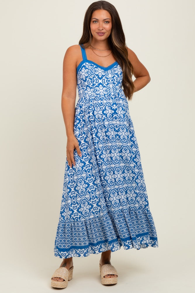 Blue Sleeveless Border Print Maternity Maxi Dress