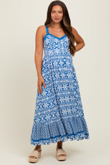 Blue Sleeveless Border Print Maternity Maxi Dress