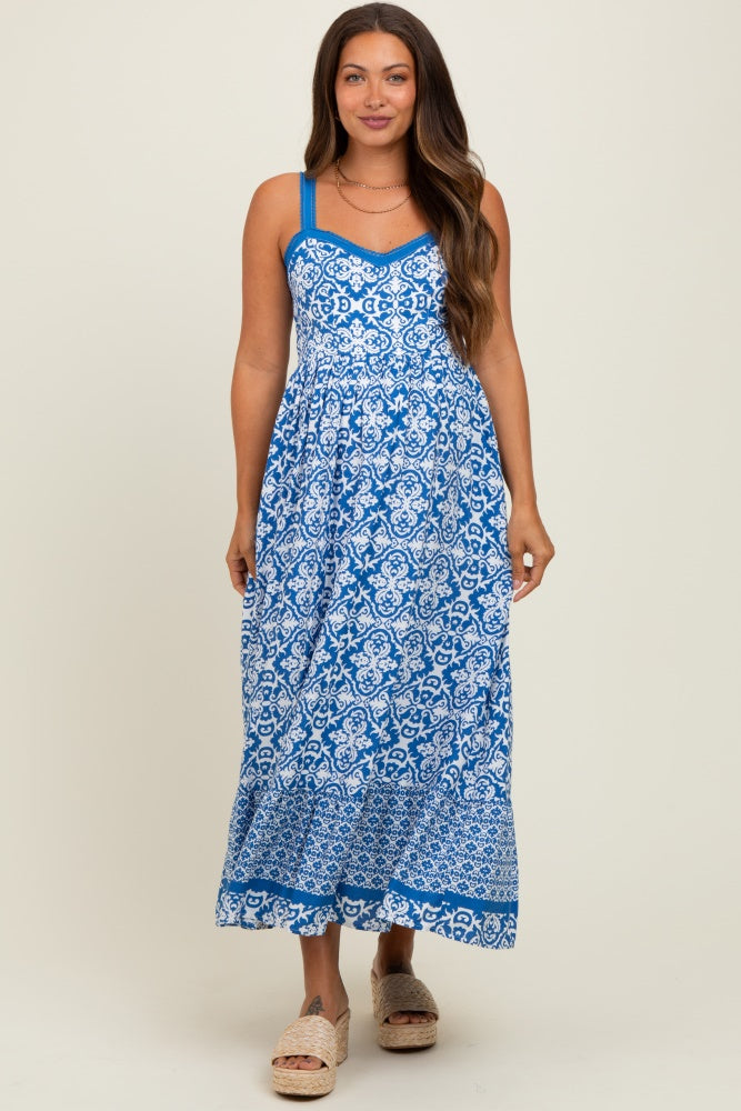 Blue Sleeveless Border Print Maternity Maxi Dress