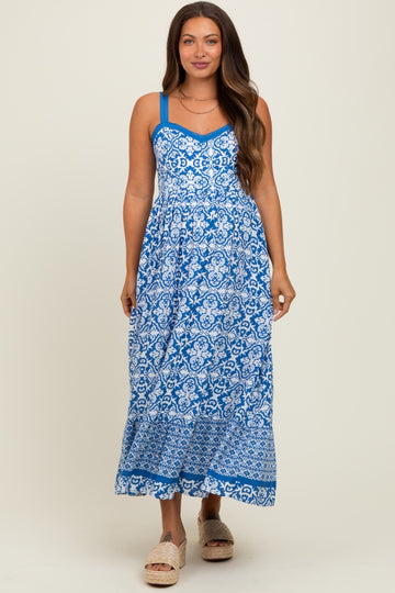 Blue Sleeveless Border Print Maternity Maxi Dress