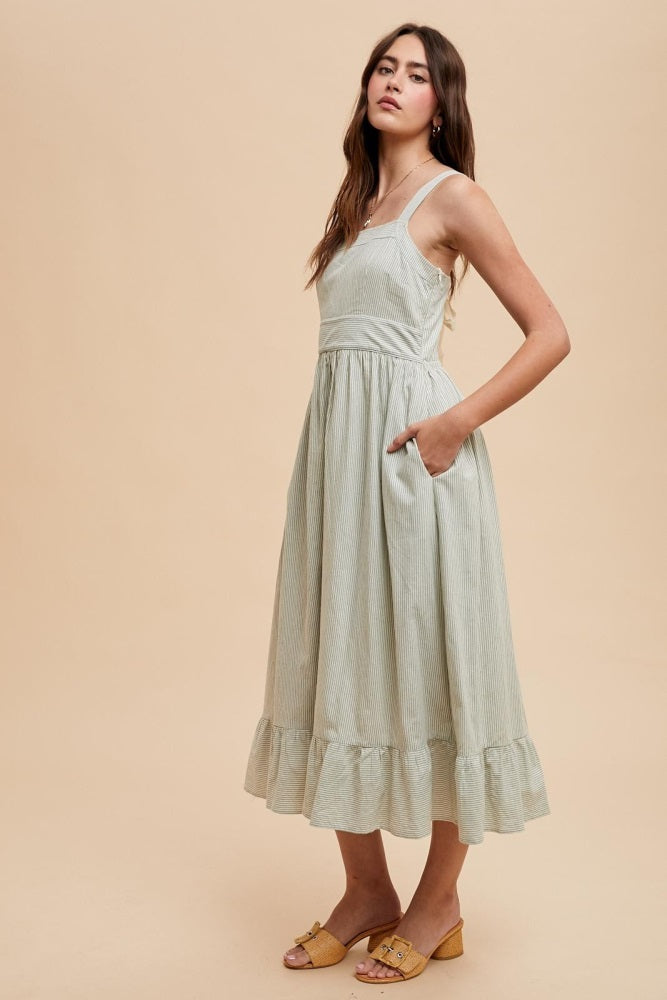 Mint Green Striped Cotton Sleeveless Dress