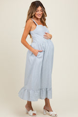 Light Blue Striped Cotton Sleeveless Maternity Dress