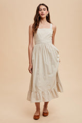 Beige Striped Cotton Sleeveless Dress