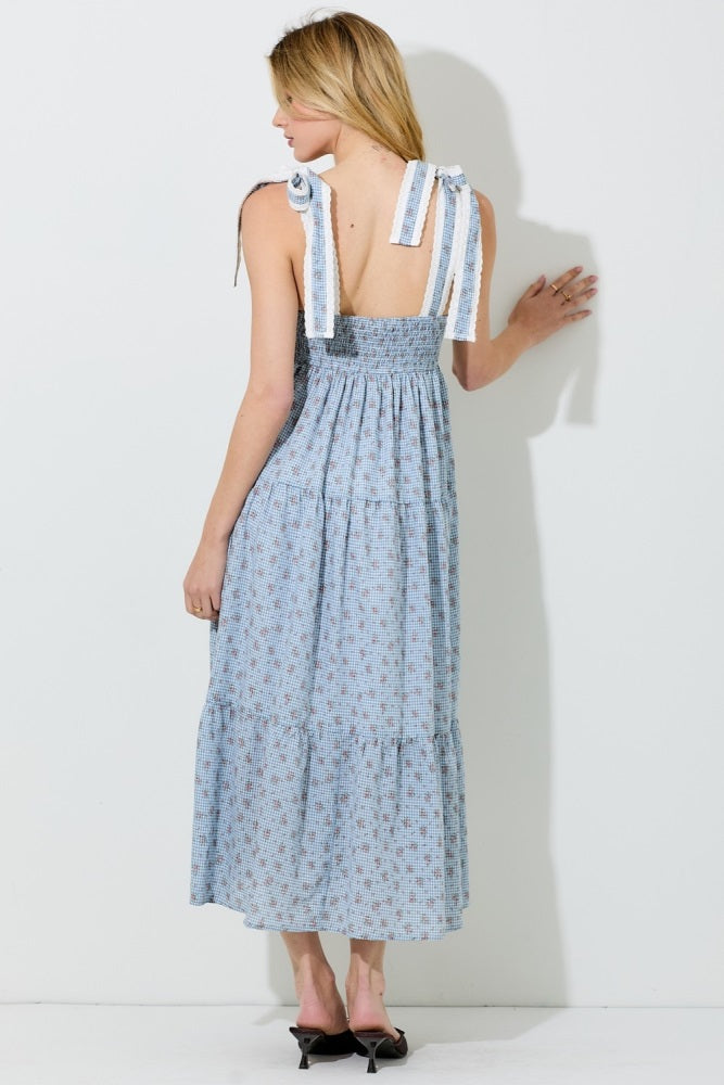 Blue Floral Gingham Shoulder Tie Midi Dress