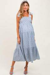 Blue Floral Gingham Shoulder Tie Maternity Midi Dress