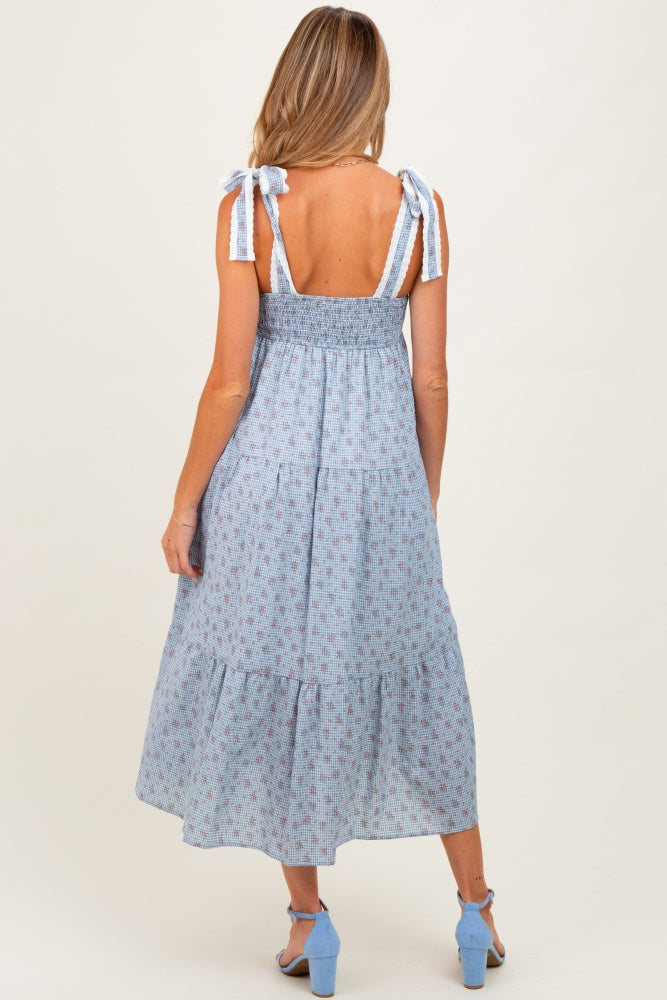 Blue Floral Gingham Shoulder Tie Maternity Midi Dress