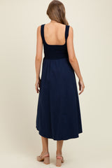 Navy Contrast Knit Poplin Sleeveless Maternity Midi Dress