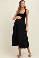 Black Contrast Knit Poplin Sleeveless Maternity Midi Dress