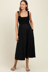 Black Contrast Knit Poplin Sleeveless Maternity Midi Dress