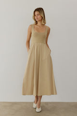 Light Camel Contrast Knit Poplin Sleeveless Midi Dress