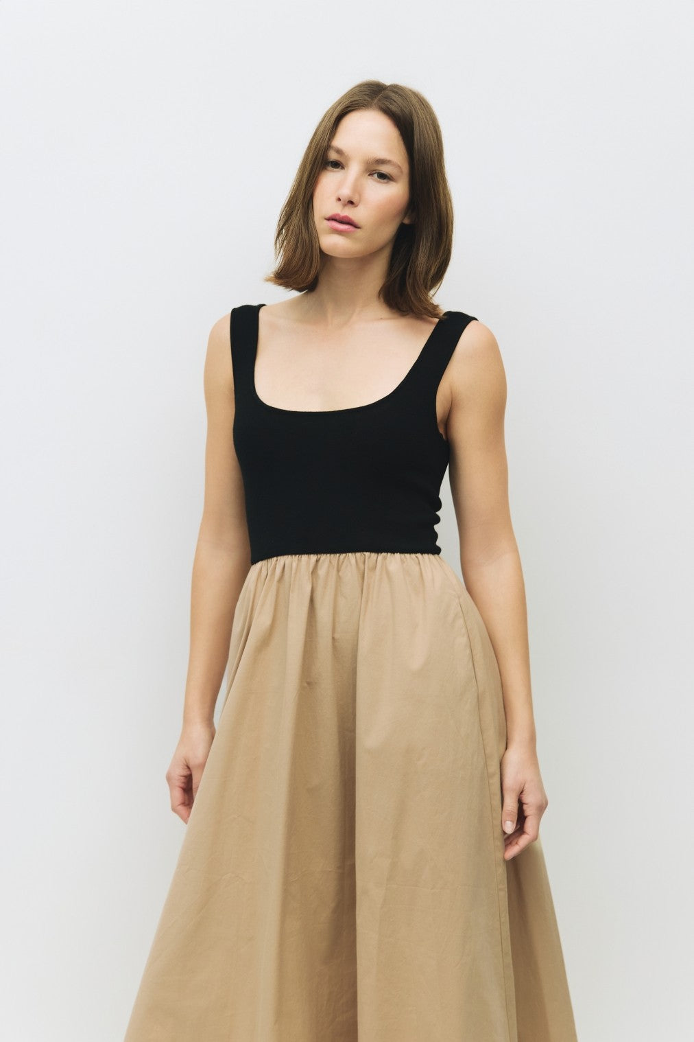 Beige Black Contrast Knit Poplin Sleeveless Midi Dress