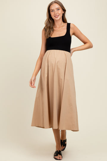 Beige Black Contrast Knit Poplin Sleeveless Maternity Midi Dress