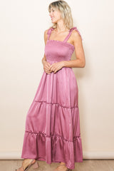 Pink Satin Smocked Maternity Maxi Dress